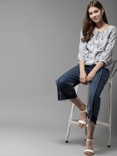 

HERE&NOW Women White & Blue Printed Blouson Top
