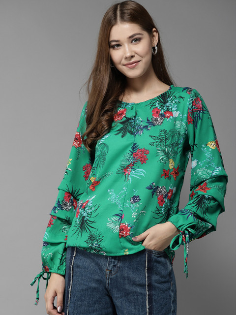 

HERE&NOW Women Green & Red Printed Top