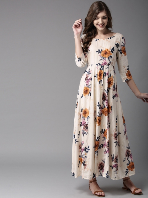 

HERE&NOW Women Cream-Coloured & Mustard Yellow Floral Print Maxi Dress