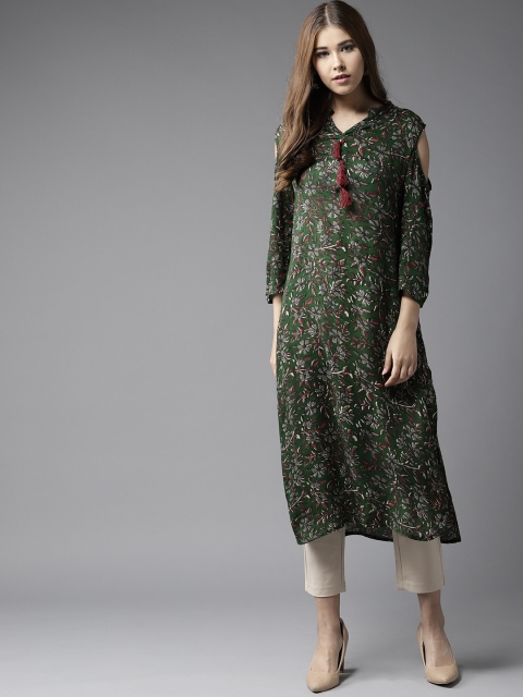 

HERE&NOW Women Green & Maroon Printed Straight Kurta