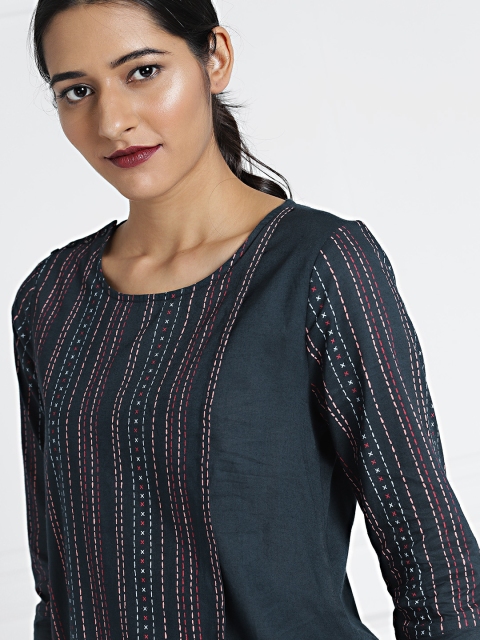

all about you Women Navy Blue Layered Printed Kurta with Trousers