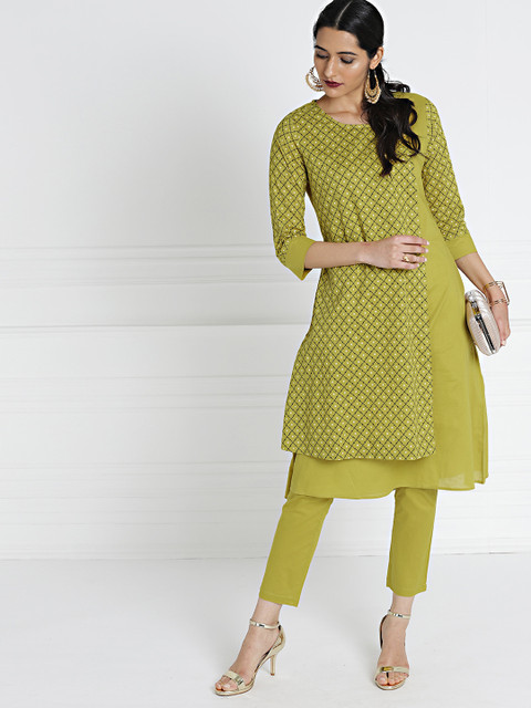 

all about you Women Green Checked Kurta With Trousers
