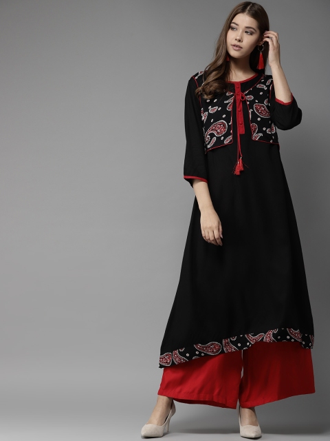 

HERE&NOW Women Black & Red Yoke Design A-Line Kurta