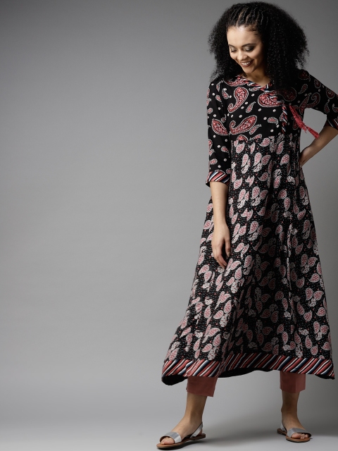 

HERE&NOW Women Black & Pink Paisley Print Angrakha A-Line Kurta