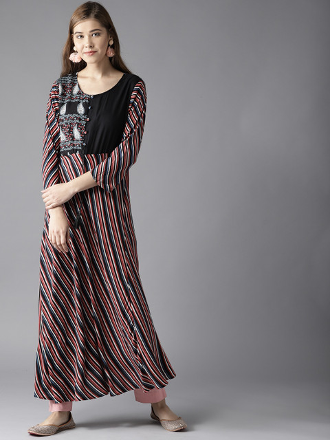 

HERE&NOW Women Black & Blue Striped A-Line Kurta
