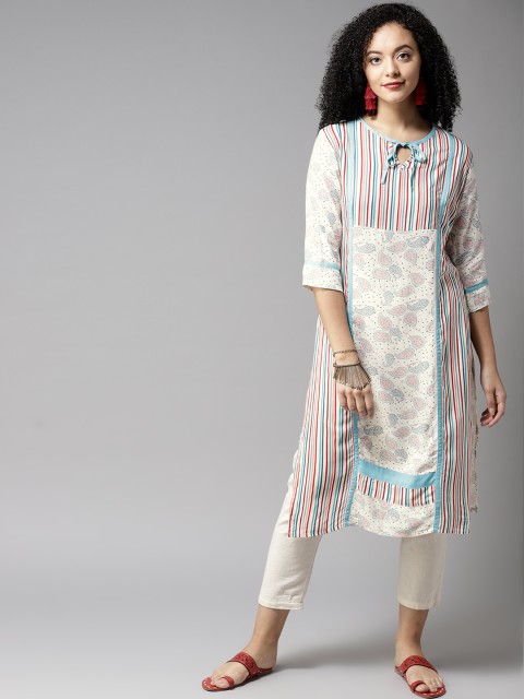 

HERE&NOW Women White & Blue Printed Straight Kurta