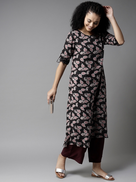 

HERE&NOW Women Black & Pink Paisley Print A-Line Kurta