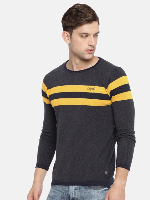 

Jack & Jones Men Blue & Yellow Striped Pullover