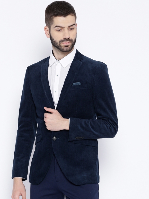 

Jack & Jones Men Navy Blue Solid Corduroy Single-Breasted Smart Casual Blazer