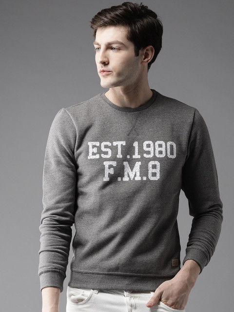 

Flying Machine Men Grey Melange Printed Detail Sweatshirt