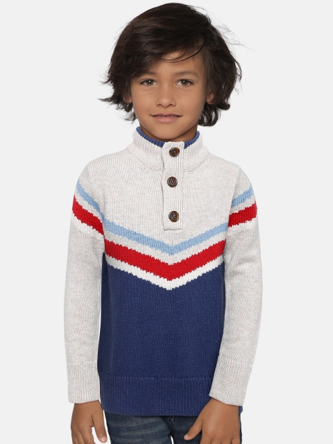 

GAP Boys' Off-White & Blue Stripe Button Mockneck Sweater