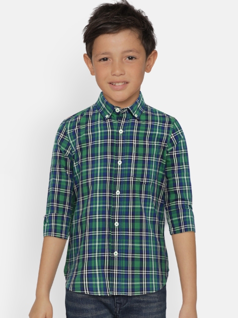 

GAP Boys' Green & Navy Checked Poplin Plaid Long Sleeve Shirt