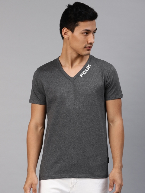 

French Connection Men Charcoal Grey Solid V-Neck T-shirt