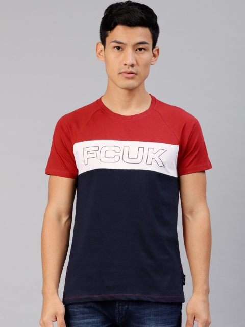 

French Connection Men Red & Navy Blue Colourblocked Round Neck T-shirt