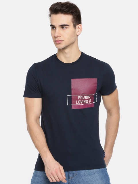 

French Connection Men Navy Blue Printed Round Neck T-shirt