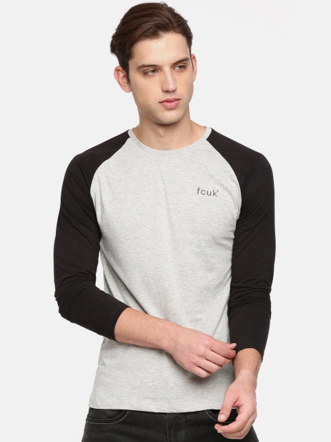 

French Connection Men Grey Melange Colourblocked Round Neck T-shirt