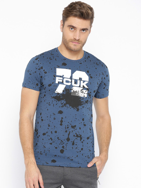 

French Connection Men Teal Blue Printed Round Neck T-shirt