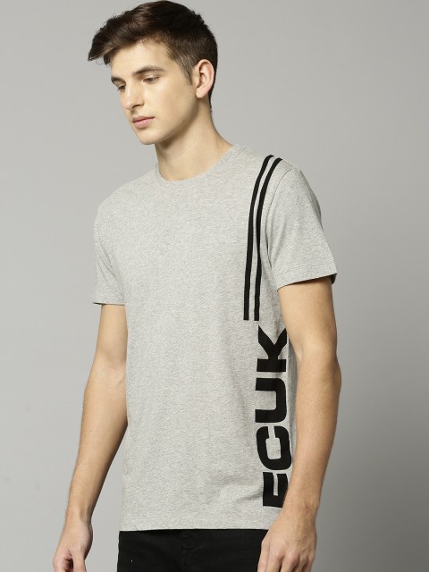 

French Connection Men Grey Melange Printed Round Neck T-shirt