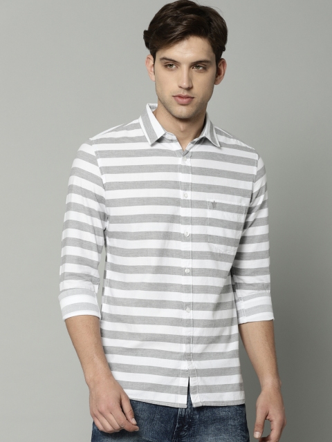 

French Connection Men Grey & White Slim Fit Striped Casual Shirt