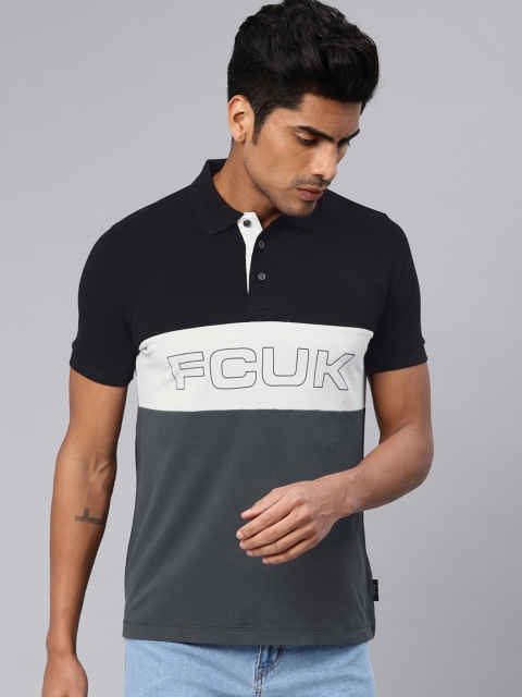 

French Connection Men Black & Grey Colourblocked Slim Fit Polo Collar T-shirt