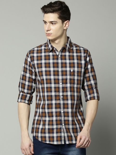 

French Connection Men Navy Blue & Brown Slim Fit Checked Casual Shirt
