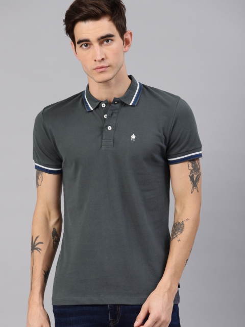 

French Connection Men Charcoal Grey Solid Polo Collar Slim Fit T-shirt