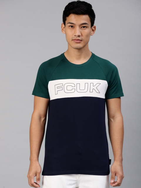 

French Connection Men Green & Navy Blue Colourblocked Round Neck T-shirt