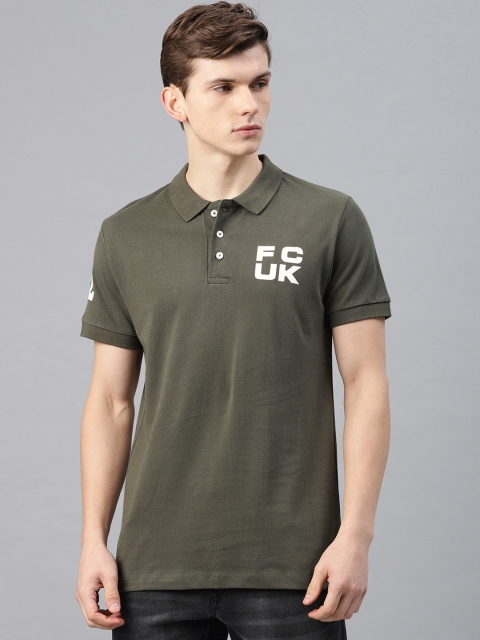 

French Connection Men Olive Green Solid Slim Fit Polo Collar T-shirt
