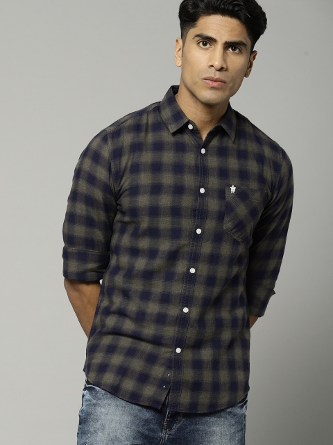 

French Connection Men Olive Green & Navy Slim Fit Checked Casual Shirt