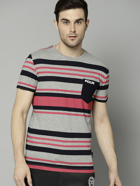 

French Connection Men Grey Melange & Pink Striped Slim Fit Round Neck T-shirt