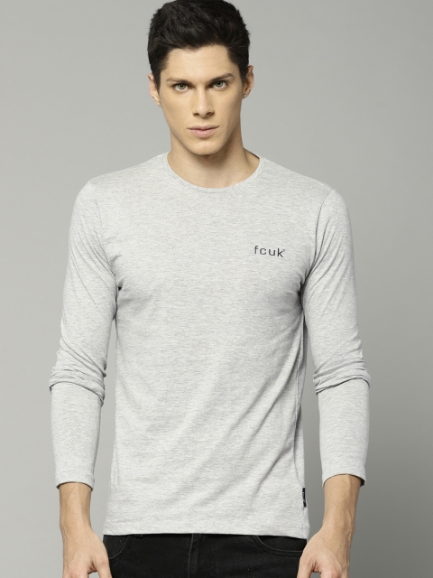 

French Connection Men Grey Melange Solid Round Neck T-shirt