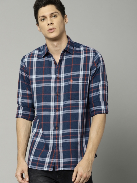 

French Connection Men Navy Blue Slim Fit Checked Casual Shirt