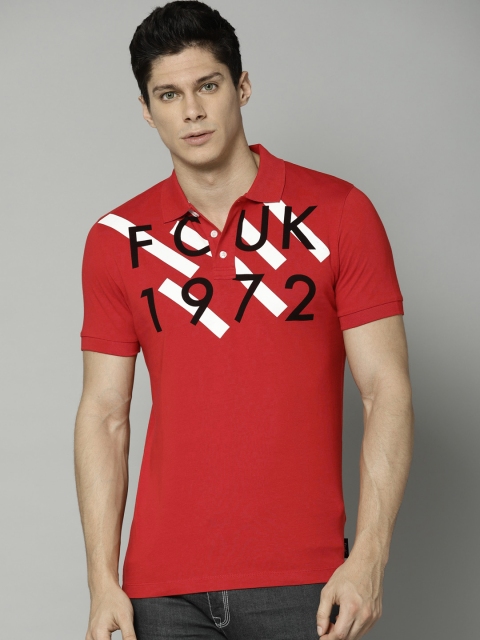 

French Connection Men Red Printed Slim Fit Polo Collar T-shirt