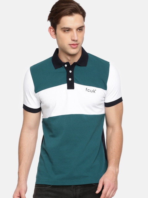 

French Connection Men Blue Colourblocked Polo Collar T-shirt