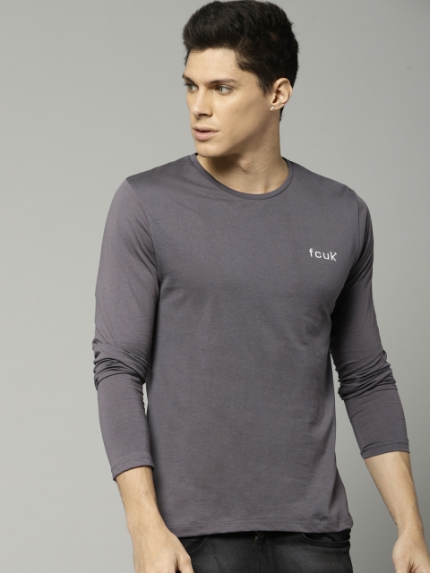 

French Connection Men Grey Solid Round Neck Pure Cotton T-shirt