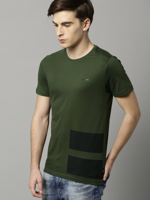 

French Connection Men Olive Green Printed Round Neck T-shirt