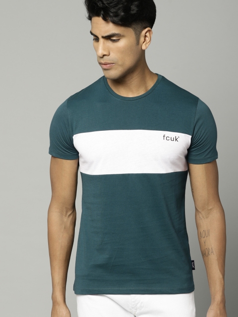 

French Connection Men Teal Blue & White Colourblocked Round Neck T-shirt