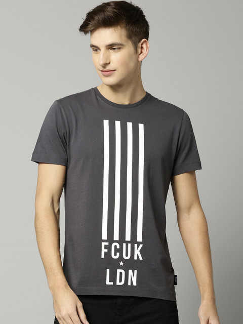 

French Connection Men Grey Printed Round Neck T-shirt