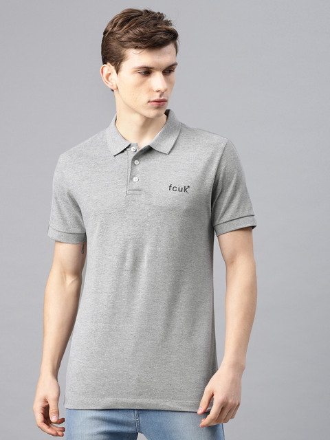 

French Connection Men Grey Melange Solid Slim Fit Polo Collar T-shirt