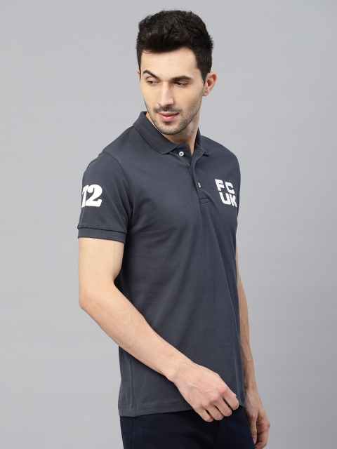 

French Connection Men Charcoal Grey Solid Polo Collar T-shirt