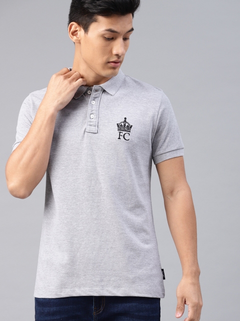 

French Connection Men Grey Solid Polo Collar Pure Cotton T-shirt