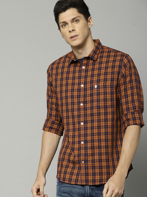 

French Connection Men Rust Brown & Navy Slim Fit Checked Casual Shirt