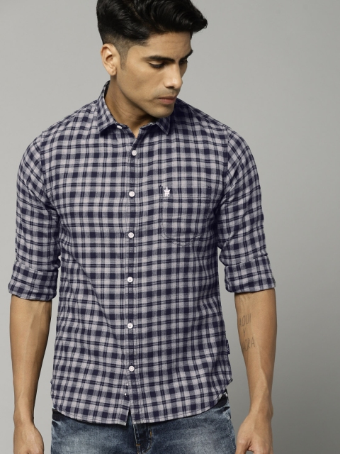

French Connection Men Grey & Navy Slim Fit Checked Casual Shirt