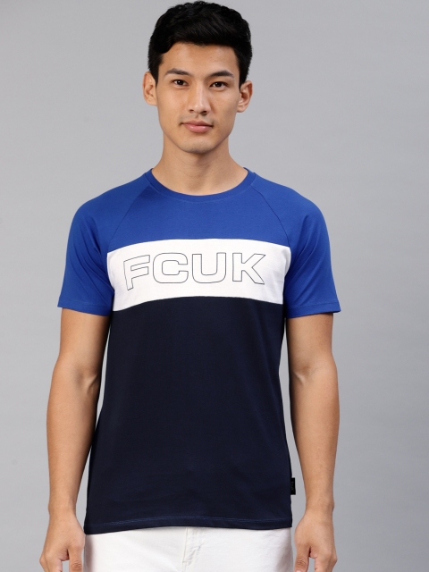 

French Connection Men Blue & White Colourblocked Round Neck T-shirt