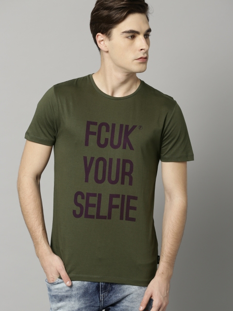 

French Connection Men Olive Green Printed Round Neck T-shirt