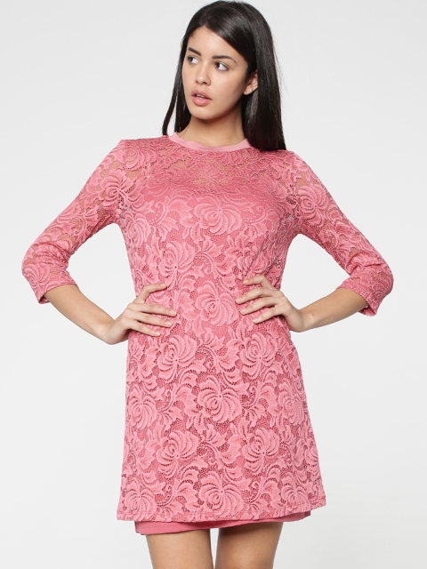 

ONLY Women Pink Self Design A-Line Lace Dress