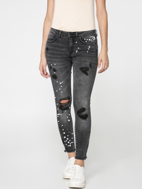 

ONLY Women Grey Skinny Fit Mid-Rise Mildly Distressed Stretchable Jeans