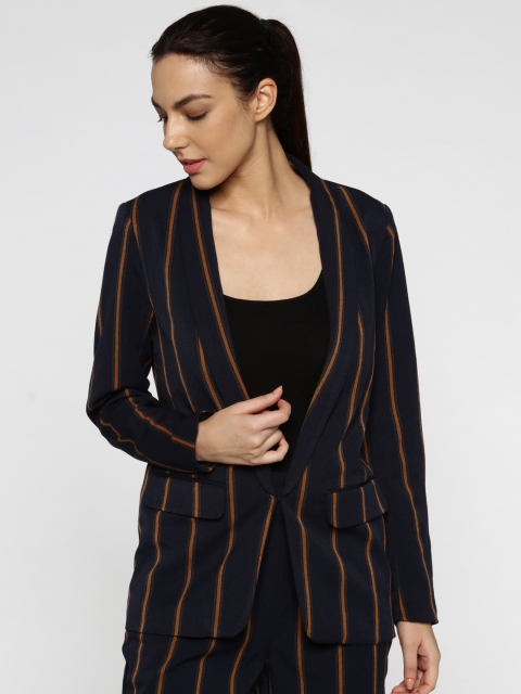 

ONLY Women Navy Blue Striped Single Breasted Blazer