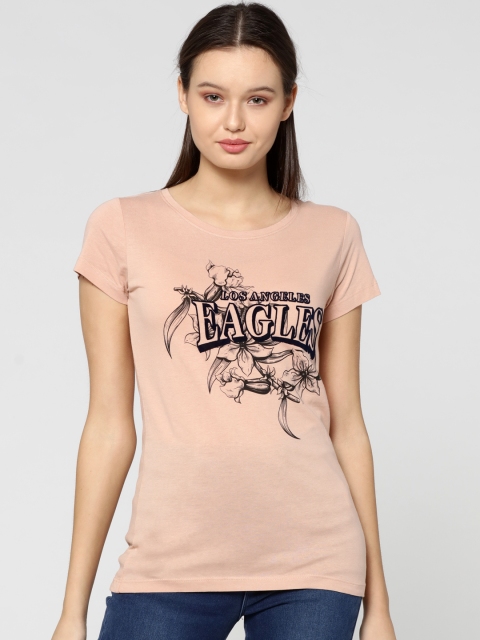 

ONLY Women Pink Printed Round Neck Pure Cotton T-shirt