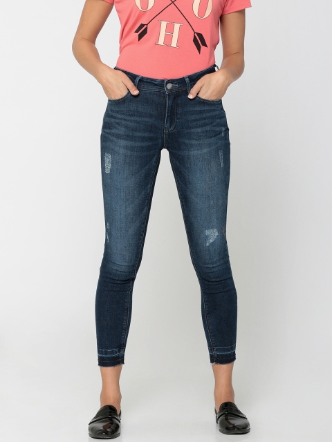 

ONLY Women Blue Carmen Skinny Fit Mid-Rise Low Distress Stretchable Cropped Jeans